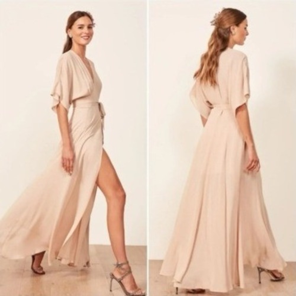 Reformation Winslow Maxi Wrap Dress Womens Small Nude Pink Short‎ Flutter Sleeve
